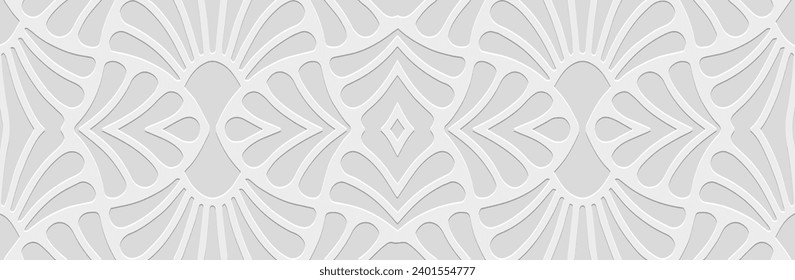 Banner, elegant cover design. Embossed ethnic tribal geometric 3D pattern on white background. Motifs of the peoples of the East, Asia, India, Mexico, Aztec, Peru. Boho style.