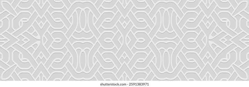 Banner, elegant cover design. Geometric ethnic woven 3D pattern, white background, embossing. Boho style. Ornaments, arabesques, mandala of the East, Asia, India, Mexico, Aztec, Peru.