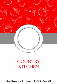 Banner with elegant sign - country cintchen. Book cover with vegeterian background. A wide line of color ribbon with circle badge and empty text place. Vector illustration.