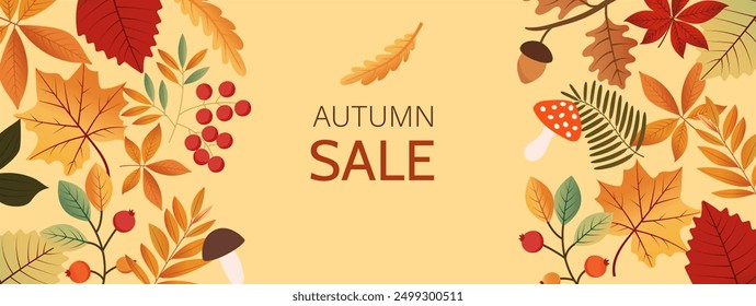 A banner with elements of the autumn forest. Offer discounts for the autumn season. It can be used in advertising, web design, and printing.