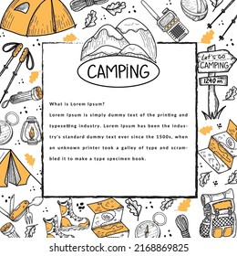 Cartel con elementos de la vida de camping sobre un fondo blanco. Senderismo. Turismo. Emblema de campamento con montañas. Carpas, brújula, mapa, etc. Hay una venganza por el texto. Elementos dibujados a mano en estilo plano