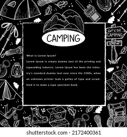 Banner with elements of hiking life on a black background. Hiking. Hiking. Camping emblem with mountains. Tents, compass, map, etc. There is an indent for text. Hand-drawn elements in a flat style