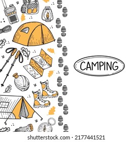 Banner with elements of hiking life on a white background. Hiking. Hiking. Camping emblem with mountains. Tents, compass, map, etc. There is an indent for text. Hand-drawn elements in a flat style.