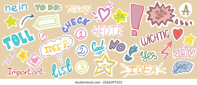 Banner Elements and words in English and German. “Yes”, “no”, “important”, “today”, “cool”. Stars, harts arrows and exclamation mark. Hand draw, black pen with texture. Vector, isolated elements