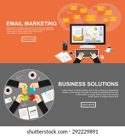 Banner for email marketing and business solutions. Flat design illustration concepts for email marketing, business, management, analysis, marketing, business solution, teamwork, decision making.