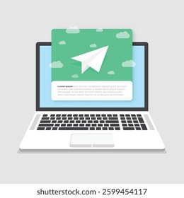 Banner of email marketing with laptop computer icon in flat style. Subscription to newsletter vector illustration on isolated background. Subscribe, submit sign business concept.