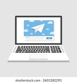 Banner of email marketing with laptop computer icon in flat style. Subscription to newsletter vector illustration on isolated background. Subscribe, submit sign business concept.