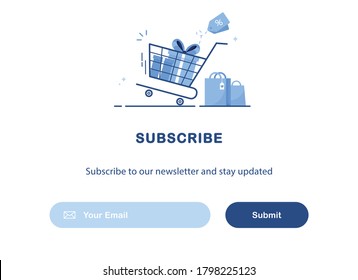 Banner of email marketing. Shopping cart and bag. Gifts, presents. Subscription to newsletter, news, offers, promotions. Follow me. Buttons template. Subscribe, submit. Send by mail. Blue. Eps 10