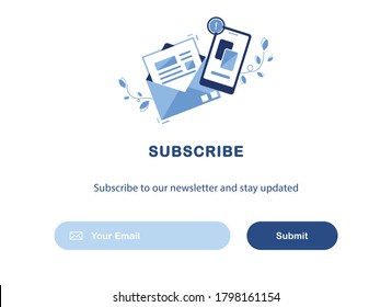 Banner Of Email Marketing. Subscription To Newsletter, News, Offers, Promotions. Follow Me. A Letter In An Envelope And Phone. Buttons Template. Subscribe, Submit. Send By Mail. Blue And White. Eps 10