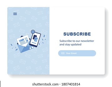 Banner Of Email Marketing. Subscription To Newsletter, News, Offers, Promotions. Follow Me. A Letter In An Envelope And Phone. Buttons Template. Subscribe, Submit. Send By Mail. Blue And White. Eps 10