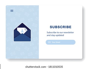 Banner of email marketing. Subscription to newsletter, news, offers, promotions. A letter in an envelope. Mock up template. Subscribe. Popping window. Send by mail. Blue and White. Eps 10