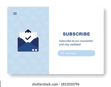 Banner of email marketing. Subscription to newsletter, news, offers, promotions. A letter in an envelope. Mock up template. Subscribe. Send by mail. Follow me. Popping window. Blue. Eps 10