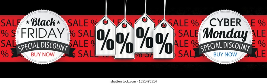Banner with emblem and red ribbon for the Black Friday and Cyber Monday Sale. Eps 10 vector file.