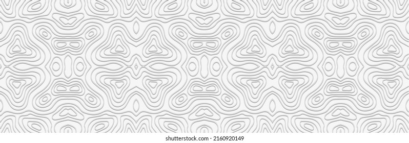 Banner mit Prägung minimalistischer Textur. Ethnische abstrakte 3D-Muster auf weißem Hintergrund. Cover Design im Stil der Völker des Ostens, Asiens, Indiens, Mexikos, Azteken, Peru für Broschüren, Broschüre