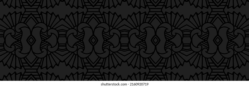 Banner with embossed minimalist texture. Ethnic original 3d pattern on a black background. Cover design in the style of the peoples of the East, Asia, India, Mexico, Aztecs, Peru for brochure, booklet