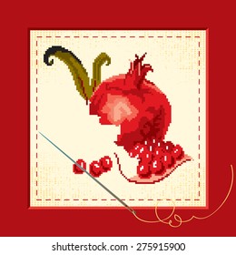 Banner embroidered with pomegranates, needle and thread