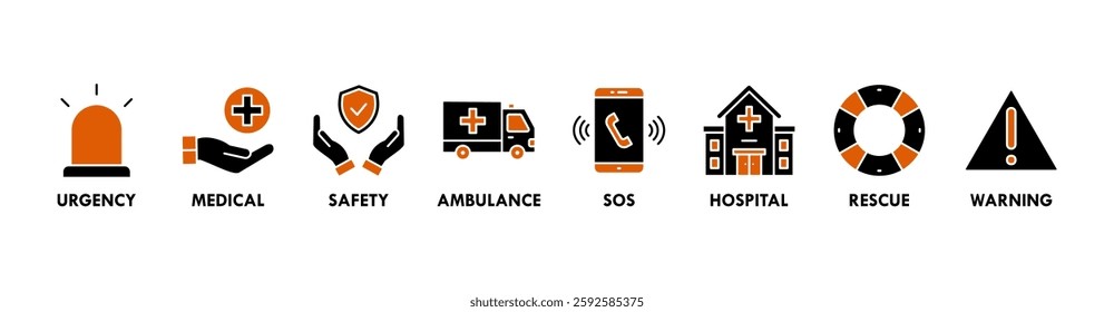 Banner of emergency web vector illustration concept with icons of urgency, medical, safety, ambulance, sos, hospital, rescue, and warning