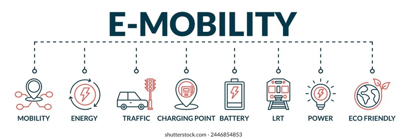 Banner of e-mobility web vector illustration concept with icons of mobility, energy, traffic, charging point, battery, lrt, power, eco friendly