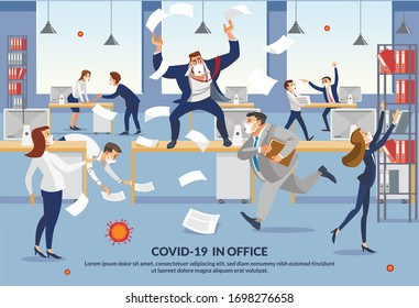 Banner Employees Panic over Covid-19 in Office. Angry Boss Shout in Chaos Office Because Failure Deadline. Stressed Vector Cartoon Characters. Office Workers Hurry up with Job. Cartoon Characters