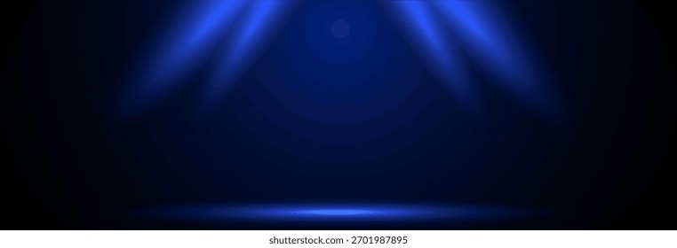 Anuncio de un escenario oscuro vacío con neón azul y cortinas. Ilustrador de Vector