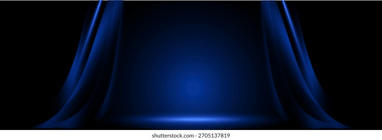 Anuncio de un escenario oscuro vacío con neón azul y cortinas. Ilustrador de Vector