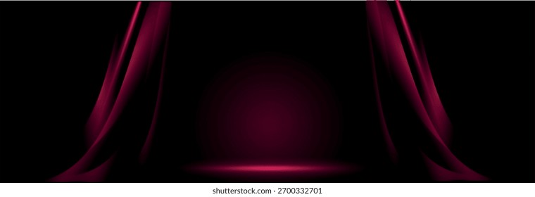 Banner of an empty dark stage with red neon and curtains. Vector Illustrator