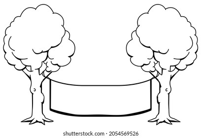 Banner empty stretched between two trees cartoon line drawing, vector, horizontal, black and white, isolated
