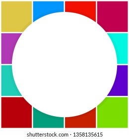 banner empty white circle on colorful squares checkered block, template banner checker multi color rainbow, ad colorful block soft pastel bright, cubes square polygon mosaic and copy space advertising