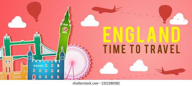 banner of England famous landmark silhouette colorful style,plane and balloon fly around with cloud,vector illustration