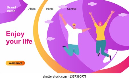 Banner enjoy your life. Man and Woman joyful in jump. Paint your life. Flat cartoon style. Concept illustration with colored characters. Website landing page template