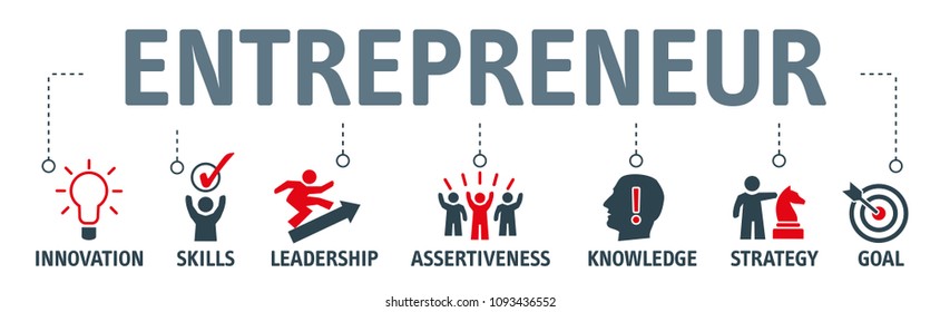 Banner entrepreneur concept. innovation, skills, leadership, assertiveness, knowledge, strategy, goal  vector icons 