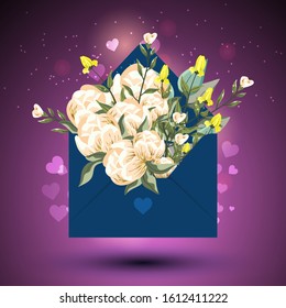 Banner with an envelope with a bouquet of spring flowers. Peonies and yellow flowers. Love letter. A letter for your beloved. Envelope with a love message. Vector illustration.