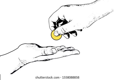 Banner for the eradication of poverty, empty hand and helping hand with coin, financial support concept. First paragraph of the Sustainable Development Goals. Isolated sketch, vector illustration SDG