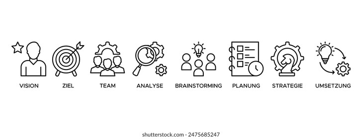 Banner Erfolg illustration with the icon of vision, ziel, team, analysis, planning, brainstorming, planning, strategy and umsetzung