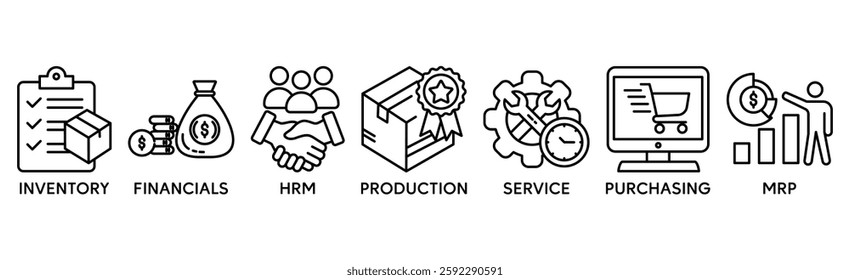Banner of erp web vector illustration concept enterprise resource planning with icons of inventory, financials, hrm, production, service, purchasing, mrp