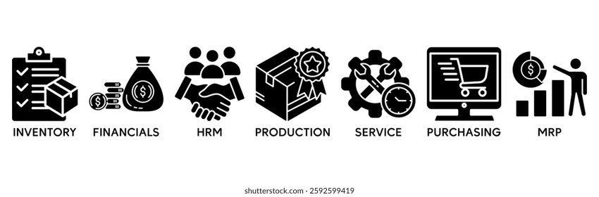 Banner of erp web vector illustration concept enterprise resource planning with icons of inventory, financials, hrm, production, service, purchasing, mrp