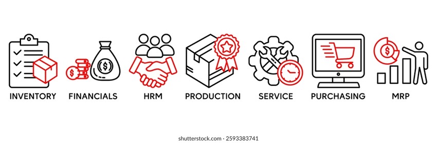 Banner of erp web vector illustration concept enterprise resource planning with icons of inventory, financials, hrm, production, service, purchasing, mrp
