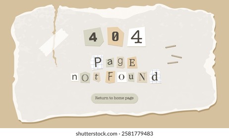 Banner error 404. Letters on pieces of paper. Clippings from newspapers and magazines. Warning notification Scrapbooking clip art elements from paper and corrugated cardboard. Vector illustration.