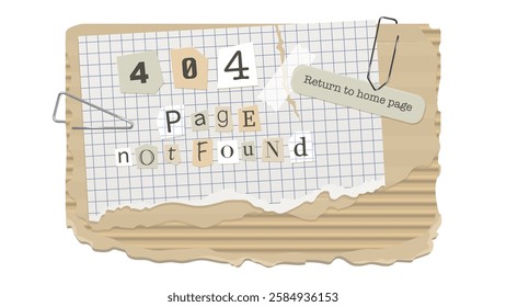 Banner error 404. Letters on pieces of paper. Clippings from newspapers and magazines. Warning notification Scrapbooking clip art elements from paper and corrugated cardboard. Vector illustration.