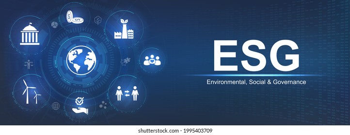 Banner ESG - Environmental, Social and Corporate Governance. Info banner calling to remember the involvement of this company in solving environmental, social and management problems with icons. Vector