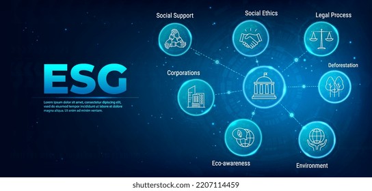 Banner ESG - Gobernanza ambiental, social y corporativa. Banner de información con palabras clave. Conjunto de iconos ESG. Negocios sustentables. Fondo del vector de negocio azul con iconos. píxel perfecto.