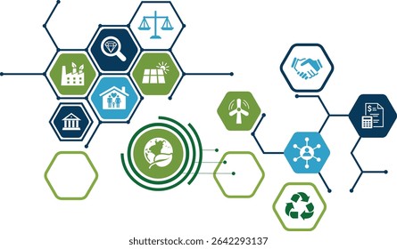 Banner ESG - Governança ambiental, social e corporativa. Faixa de informações chamando para lembrar o envolvimento desta empresa na resolução de problemas ambientais, sociais e de gestão com ícones. Vetor