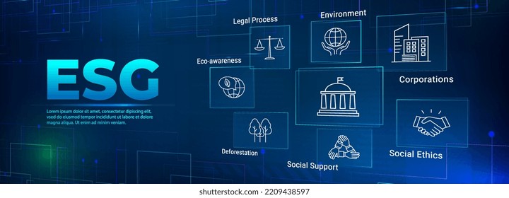 Pancarta ESG en perspectiva. Juego de iconos de gobernanza ambiental, social y corporativa con palabras clave para empresas y organizaciones. Cartel para la sostenibilidad relacionada con la protección ambiental. Vector