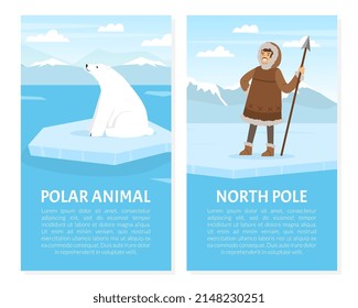 Banner with Eskimo Indigenous Man Hunter with Spear and White Polar Bear on Ice Plate Vector Illustration