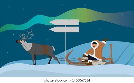 Banner with an Eskimo on a reindeer sleigh. Landscape with the northern lights. Vector illustration.