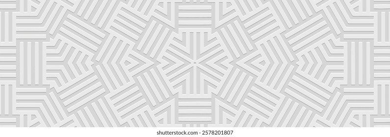 Banner, ethnic abstract cover design. Geometric 3D pattern, white background, embossing, vintage. Embossed ornaments, arabesques of the East, Asia, India, Mexico, Aztec, Peru.