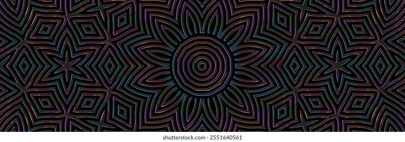 Banner, ethnic boho cover design. Geometric floral shiny 3D pattern on black background, embossing. Festive print. Ornaments, arabesques, mandala of the East, Asia, India, Mexico, Aztec, Peru. 