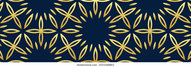 Banner, ethnic boho cover design. Geometric minimalist gold pattern on blue background, festive print. Ornaments, arabesques, mandala of the East, Asia, India, Mexico, Aztec, Peru.
