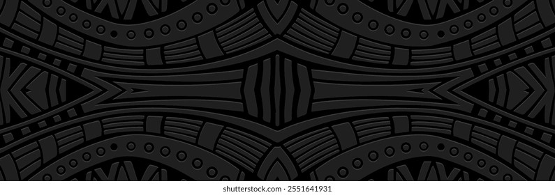 Banner, ethnic boho cover design. Geometric exotic 3D pattern. Black background, embossing. Vintage ornaments, arabesques of the East, Asia, India, Mexico, Aztec, Peru.