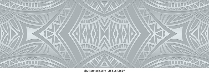 Banner, ethnic boho cover design. Geometric silver shiny 3D pattern on silver background, embossing. Festive print. Ornaments, arabesques, mandala of the East, Asia, India, Mexico, Aztec, Peru.